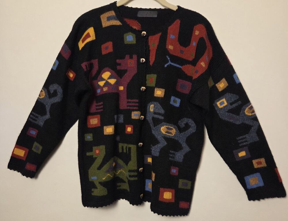 Vintage 90s Wearable Art Cardigan Sweater Abstract Animals Black Multicolor Knit